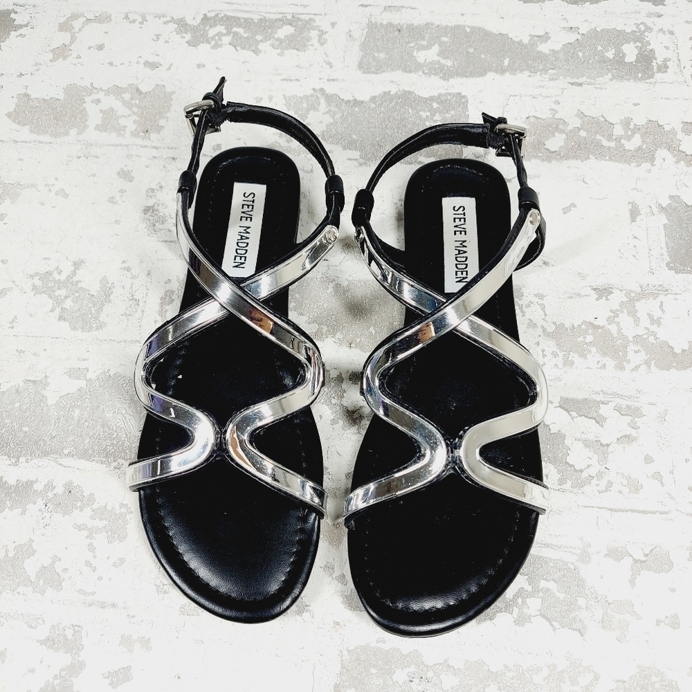 Steve Madden Bazz Balck Silver Metallic Sandals Slides Shoes D467